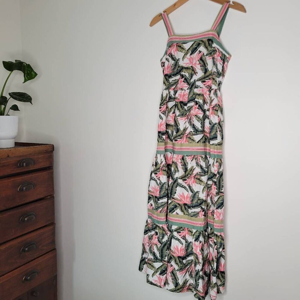Loft Sundress Linen Blend Pink Green White Tropical Floral Maxi 0 Paradise